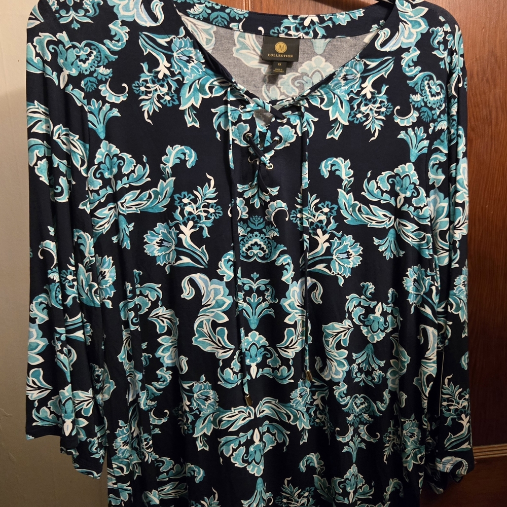 NWT JM Collection Black Blouse with Teal and White Floral Motif